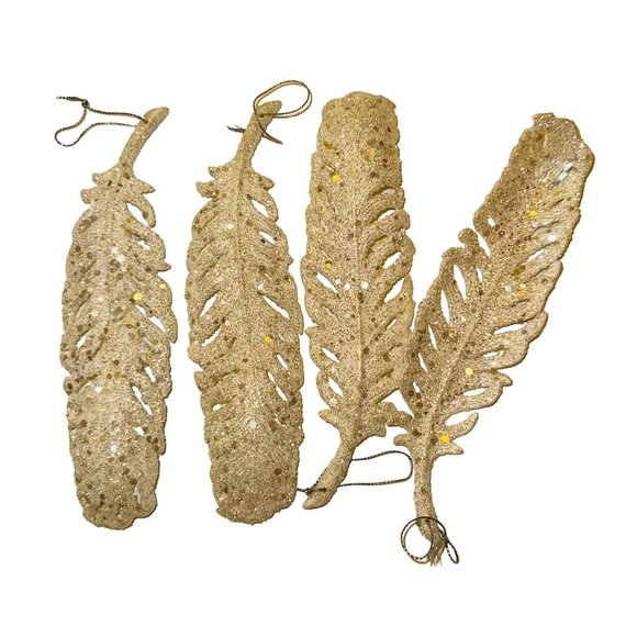 set of 4 large cream glitter feather ornaments 80s vintage - Picture 3 of 4